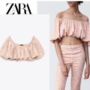 Zara off the shoulfer puff sleeve top flower pastel